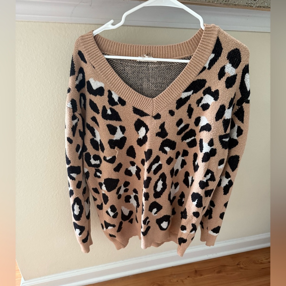 Entro Tan and Black Animal Print V-Neck Sweater